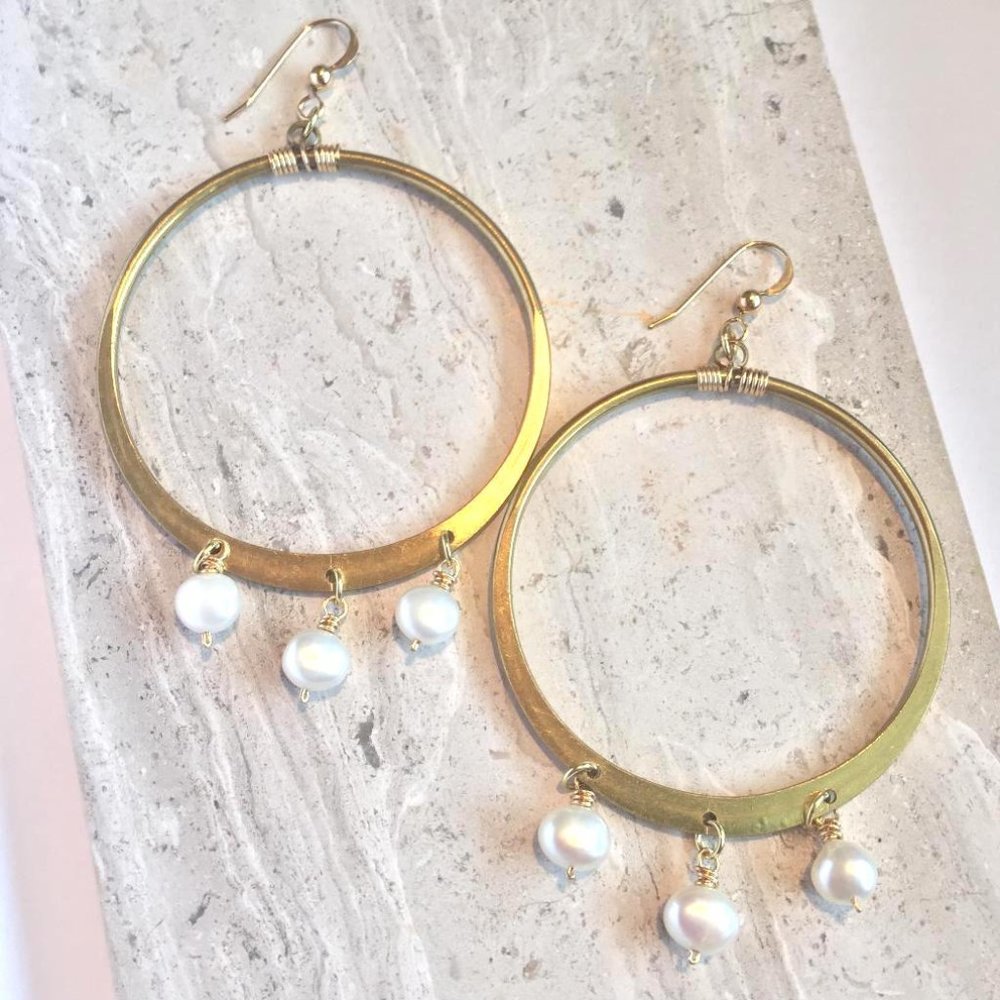 14K/ Ster. Huge Gold hoops/ Pearl Dangles Earrings